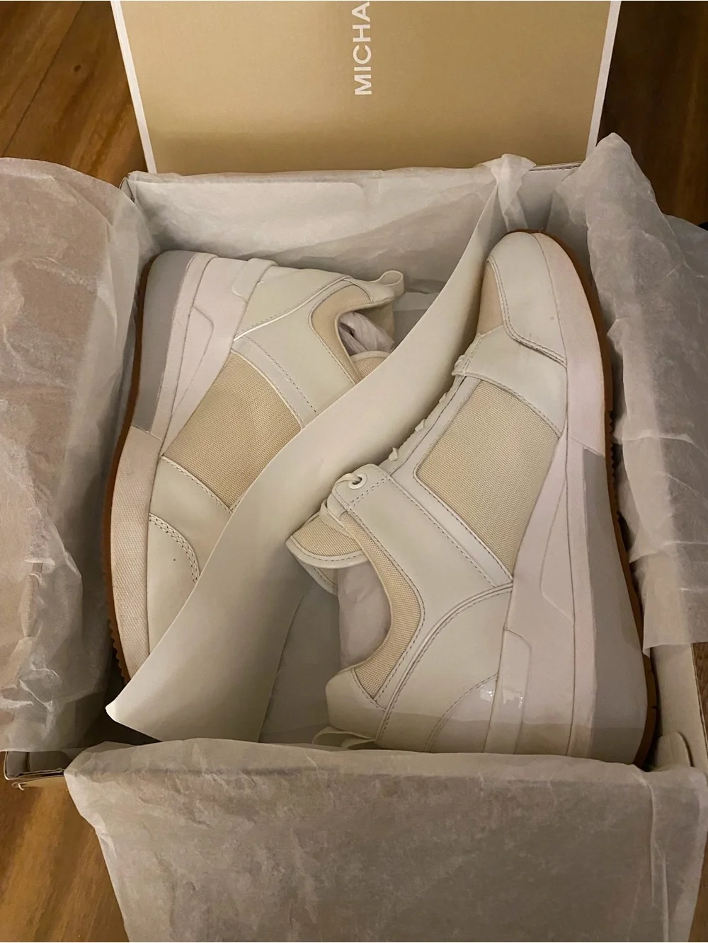 MICHAEL KORS Cream and White Wedge Lace-Up Platform Sneakers